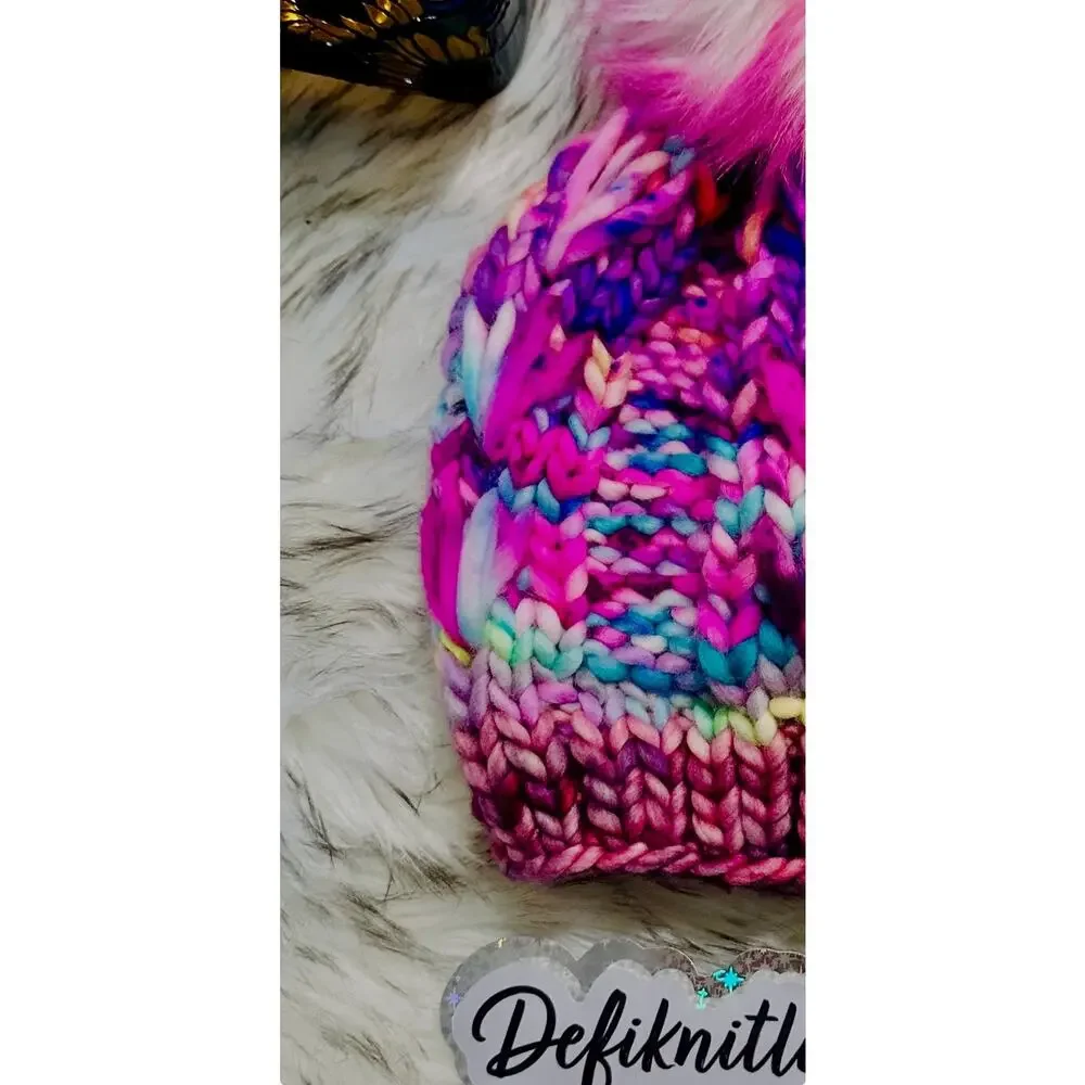 Hand Knit Merino Wool Scrappy Lake Erie Beanie: Faux Fur Pom - Adult Size
